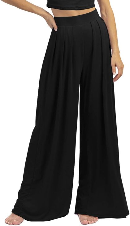 Wide Leg Palazzo Pants High Waisted Elastic Flowy Pleated Trousers Casual Loose Fit Comfy Lounge Pants