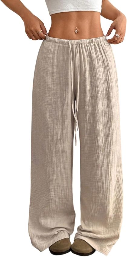 Wide Leg Palazzo Pants Casual Loose Lounge Beach Trousers with Pockets (Runs Large, Size Down)