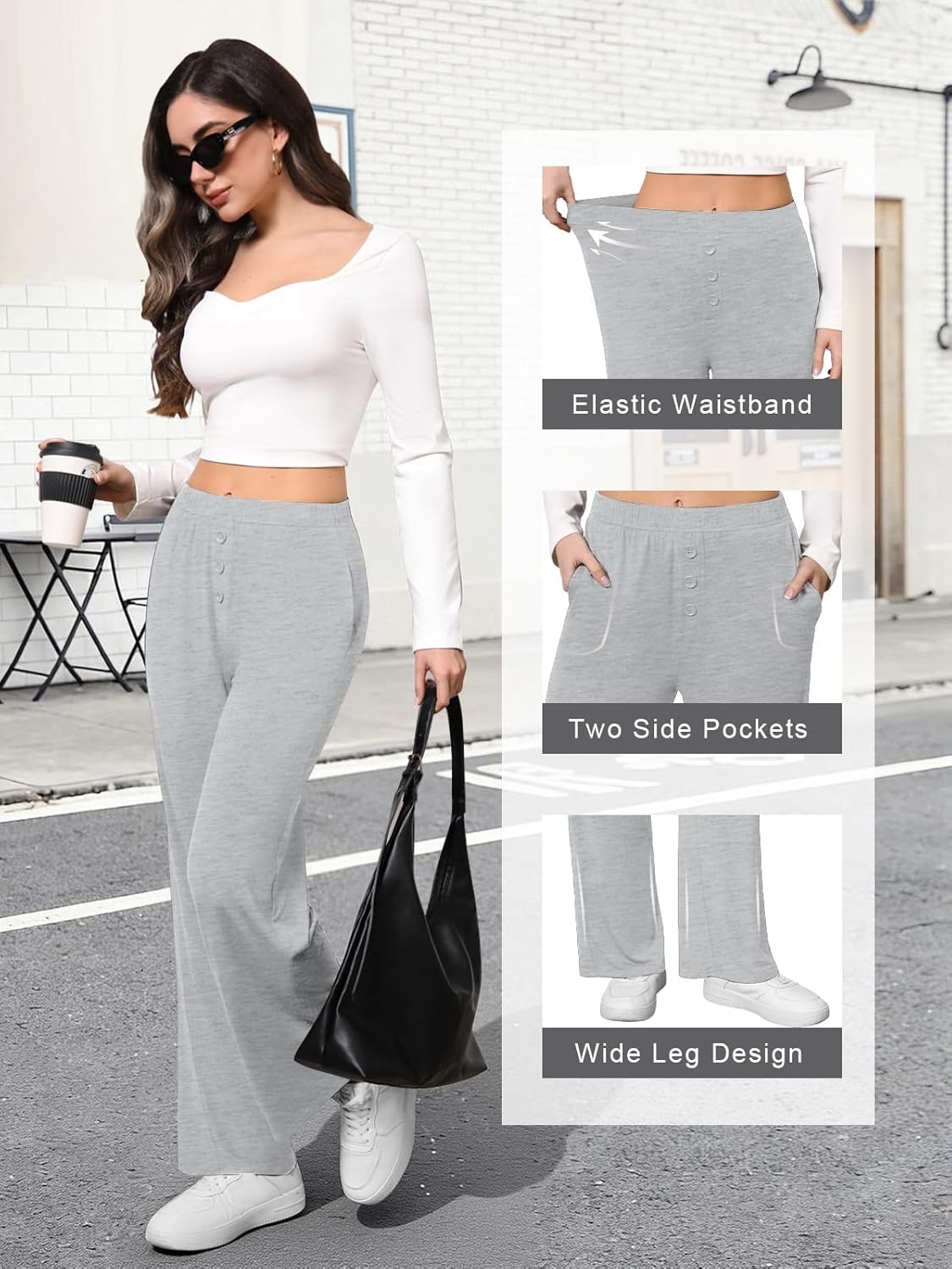 Women's Wide Leg Flowy Pants, Soft Modal Lounge Loose Pants with Pockets for Travel Casual Wear - Image 4