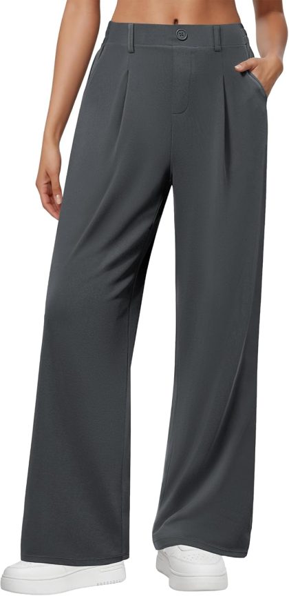 Women's Wide Leg Elastic Waist Dress Pants with Pockets, Dark Grey