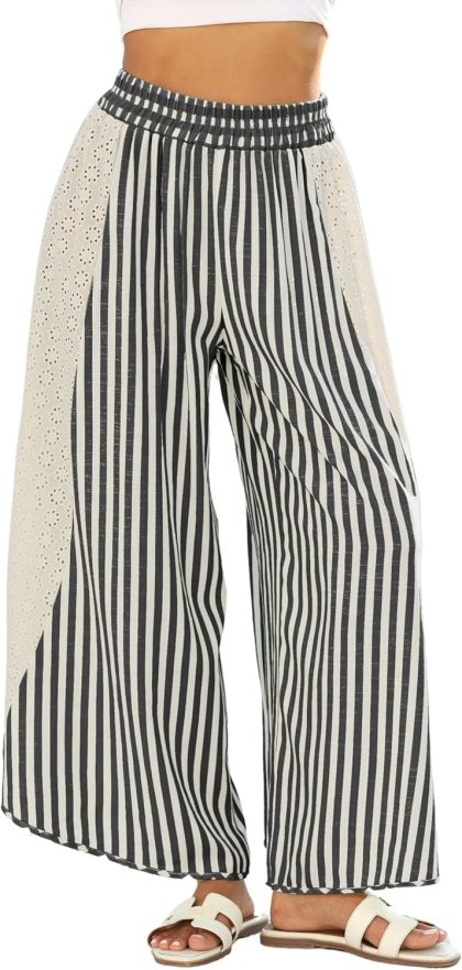 Casual Loose Striped Wide Leg Palazzo Lounge Pants with Elastic Waist